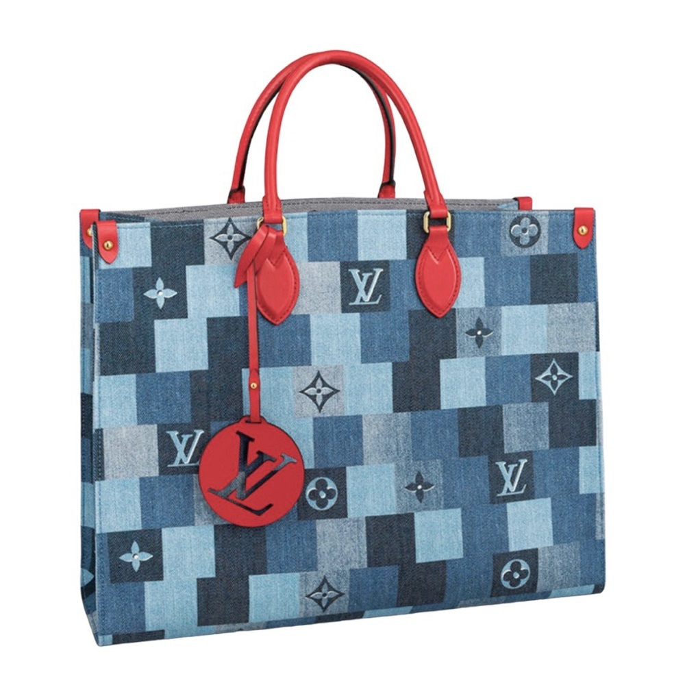 LV Louis Vuitton Damier Monogram Denim Patch Work On The Go GM